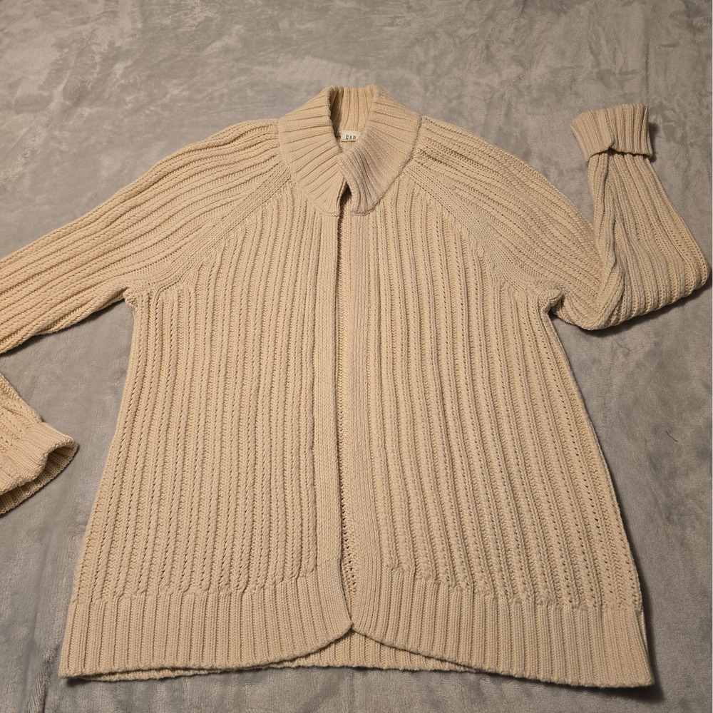 Women's Gap Cream Open Front Bomber Cardigan Sweater Cuff Sleeve Chunky Knit Lg.